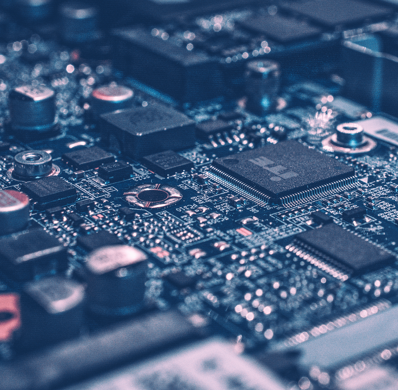 A close up of a circuit board similar to ones produced by Murrietta Circuits.
